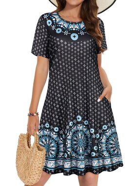 Women's Black Star BoT-shirt Short Sleeve Floral Sundress Beach Cover Mini Dress